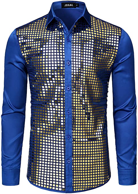 Mens 70s Disco Costume Silver Sequins Long Sleeve Button Down Shirts