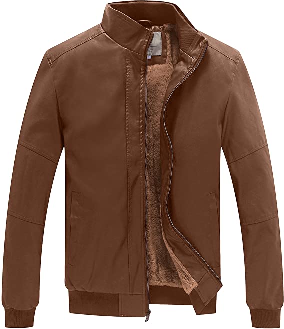 Men's Stand Collar Fleece Lined Bomber Faux Leather Jacket