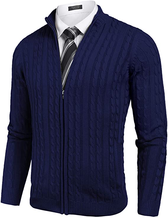 Men's Full Zip Cardigan Sweater Slim Fit Cable Knitted Zip Up Sweater with Pockets