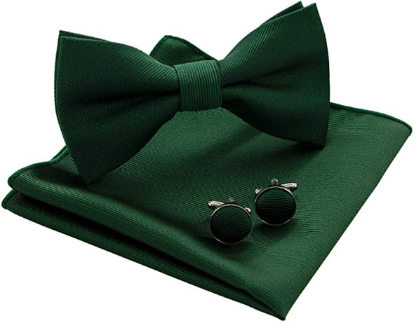 Solid Color Bow Tie and Pocket Square With Cufflinks Sets for Men