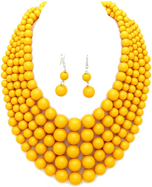 Women's Simulated Faux Pearl Five Multi-Strand Statement Necklace and Earrings Set