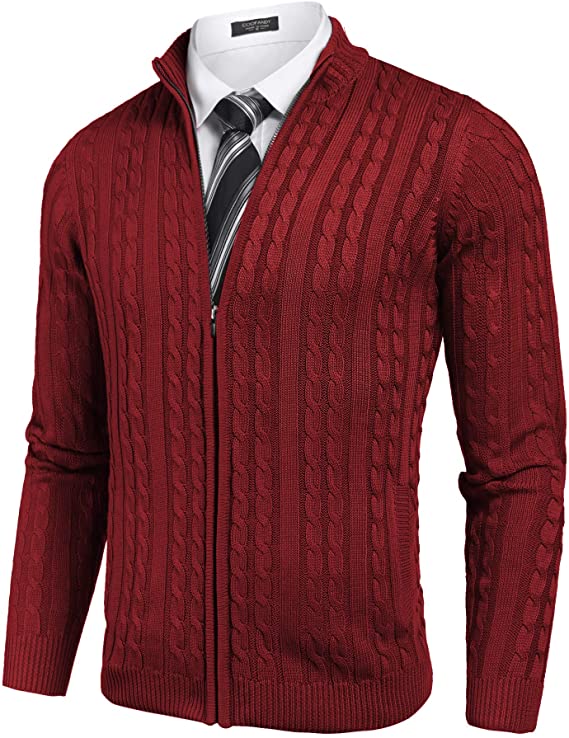 Men's Full Zip Cardigan Sweater Slim Fit Cable Knitted Zip Up Sweater with Pockets