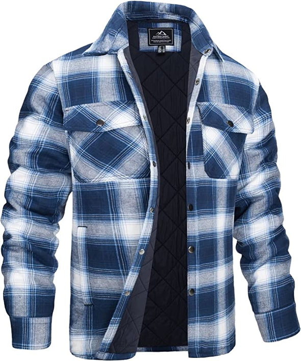 Men's Flannel Shirt Jacket with Quilted Lined Long Sleeve Plaid Coat Button Down Thick Outwear Winter