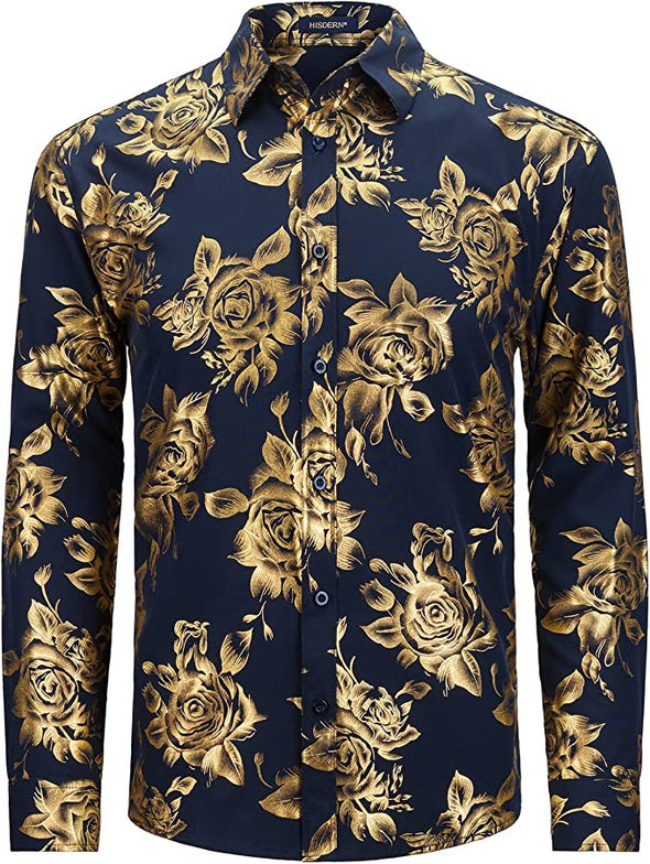 Mens Shiny Gold Rose Printed Dress Shirts Luxury Disco Nightclub Long Sleeve Button Down Wedding Prom Shirt