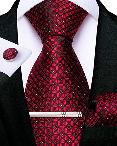 Plaid Tie Men's Silk Tie and Pocket Square Cufflinks Tie Clip Set Wedding Business