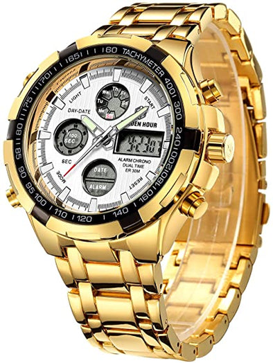 Luxury Stainless Steel Analog Digital Watches for Men Male Outdoor Sport Waterproof Big Heavy Wristwatch