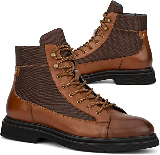 Men’s Fashion Handcrafted Casual Oxfords Derby Chukka Two-tone Leather Lace-up Ankle High-Top Boots w/Block Chunky Heel, Platform, Round Plain Toe & Rubber Sole