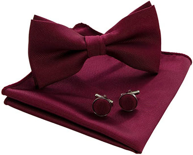 Solid Color Bow Tie and Pocket Square With Cufflinks Sets for Men