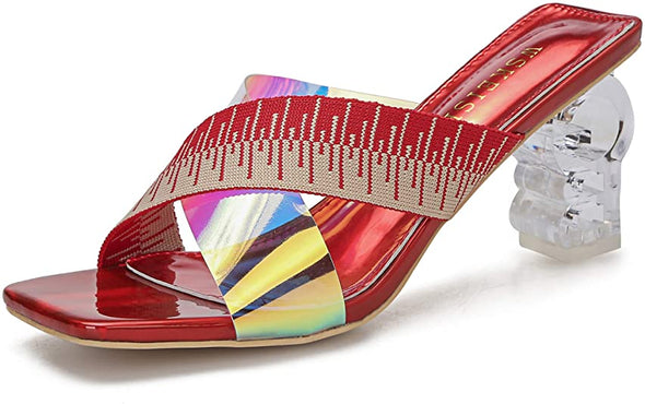 Women's Square Toe Heeled Sandals Color Clear Heels Mules PVC Slip on Open Toe Backless Dress Wedding Lucite Chunky Block Heels Slippers Slides