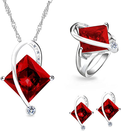 Charm Created Topaz Big Square Crystal Necklace Matching Stud Earrings Rings Jewelry Set T295