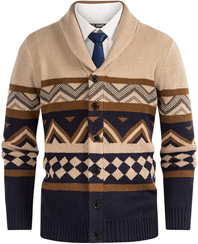 Men's Shawl Collar Cardigan Sweater Geometric Button Down Knitted Sweaters