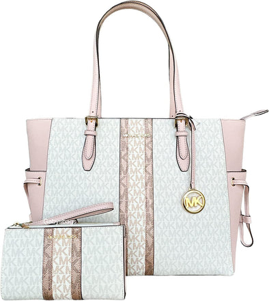 Michael Kors Gilly Large Top Zip Tote Powder Blush Pink Stripe Vanilla MK Bundled with Michael Kors Jet Set Large Double Zip Phone Wristlet Vanilla MK Pink Stripe