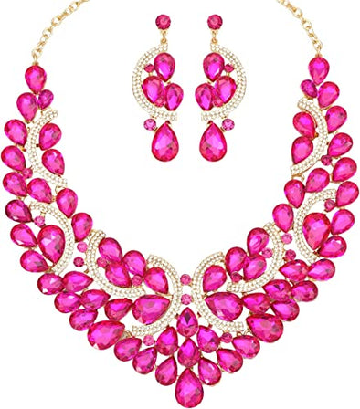 Gorgeous Crystal Statement Bib Necklace and Earrings Bridal Wedding Costume Jewelry Sets for Brides Bridesmaids Women Ladies