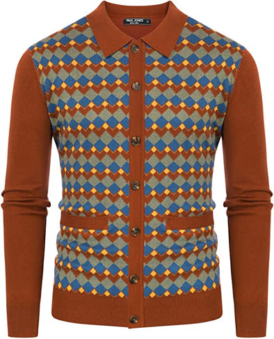 Men's Vintage Argyle Cardigan Sweater Lapel Collar Button Down Contrast Knitwear