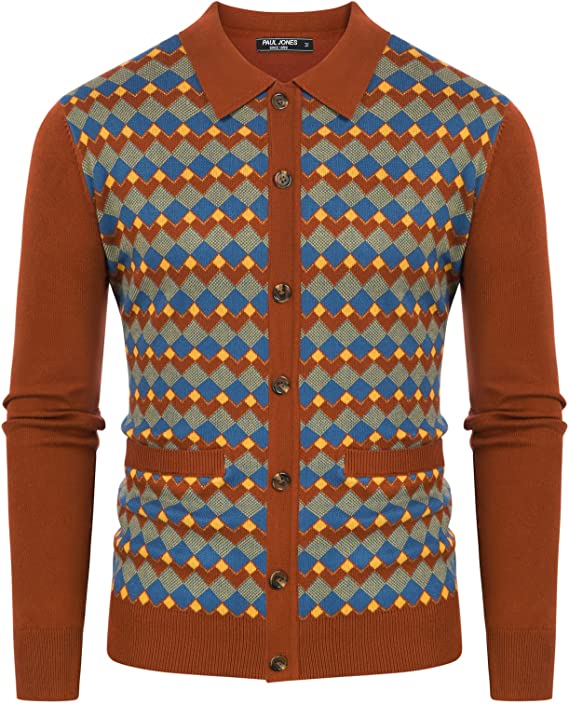 Men's Vintage Argyle Cardigan Sweater Lapel Collar Button Down Contrast Knitwear