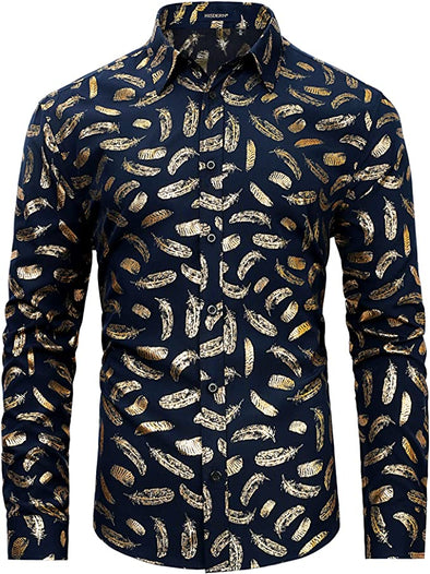 Men's Shiny Rose Gold Dress Shirts Nightclub Floral Printed Long Sleeve Shirts 70s Paisley Button Down Party Shirt