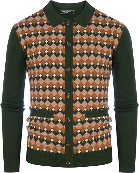 Men's Vintage Argyle Cardigan Sweater Lapel Collar Button Down Contrast Knitwear