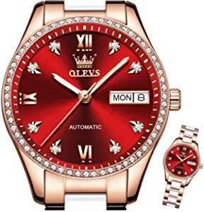 Swiss Brand Women Ceramic Automatic Mechanical Watches(No Battery Required) Elegant Stainless Steel Self-Winding Waterproof Luminous Pointer Calendar Diamonds Watch for Women Red/Blue/White Dial