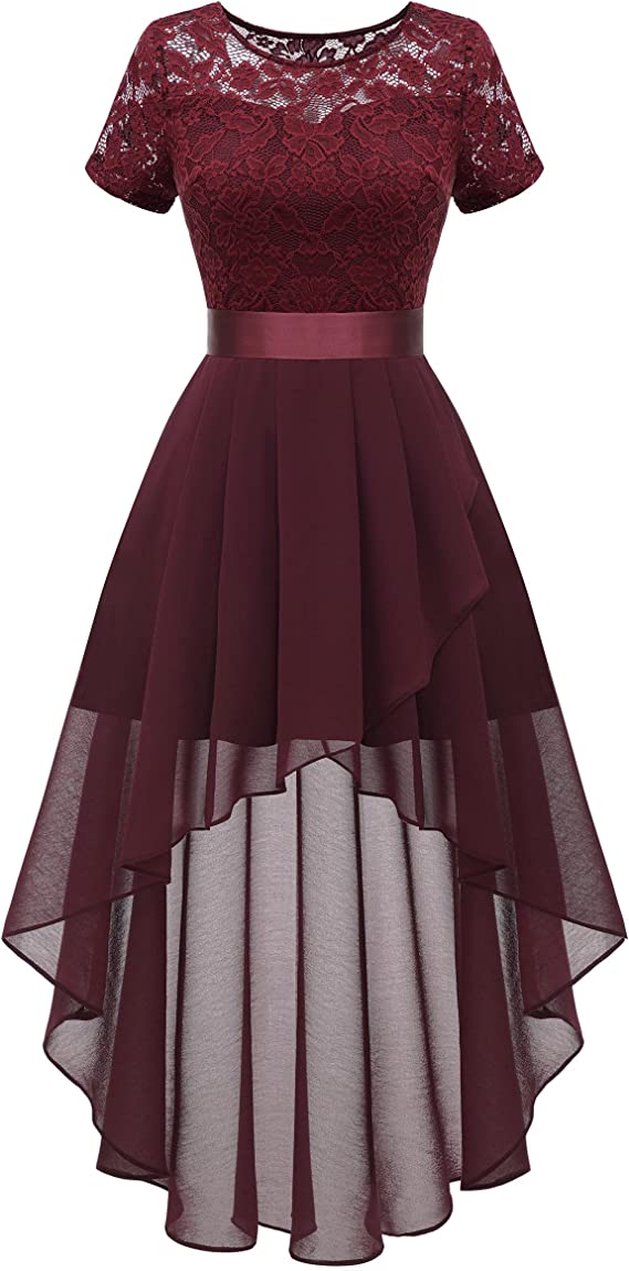 Women's Floral Lace Chiffon Bridesmaid Dress Hi-Lo Swing Party Dress