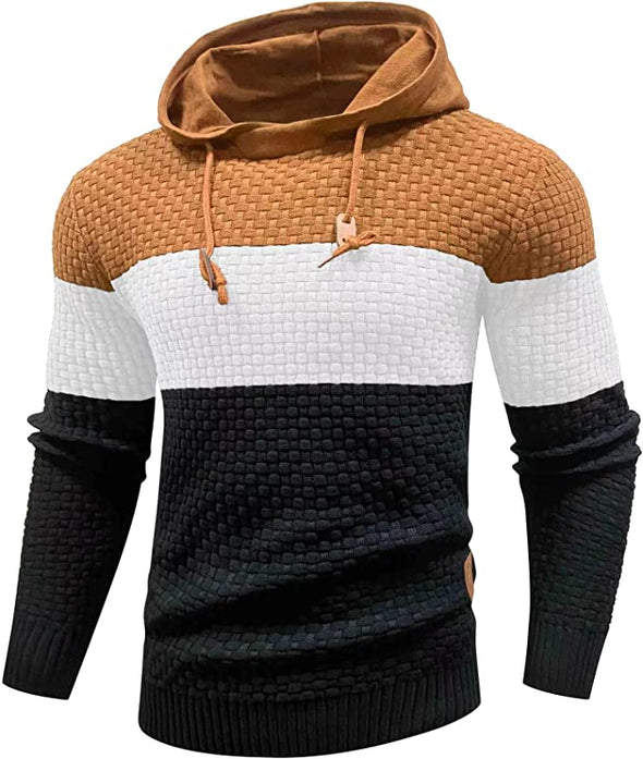 Mens Hooded Sweatshirt Long Sleeve Solid Knitted Hoodie Pullover Sweater