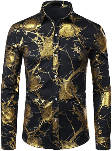 Men's Nightclub Shiny Golden 3D Rose Printed Slim Fit Button Down Party Dress Shirt