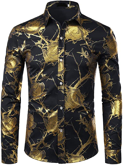 Men's Nightclub Shiny Golden 3D Rose Printed Slim Fit Button Down Party Dress Shirt
