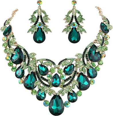 Women's Bohemian Boho Crystal Teardrop Filigree Leaf Hollow Statement Necklace Dangle Earrings Set