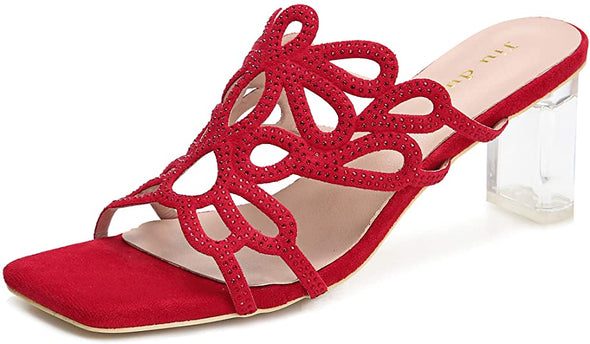 Women's Heeled Mules Sandals Slip On Lucite Block Chunky Heels Slides Suede Rhinestone Sqaure Open Toe Summer Dress Fashio High Heel Slippers