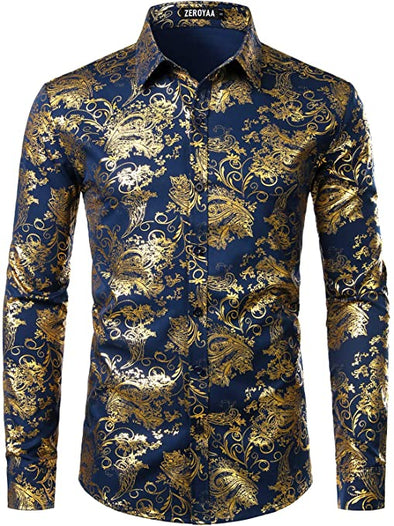 Men's Luxury Paisley Shiny Printed Stylish Slim Fit Button Down Dress Shirt