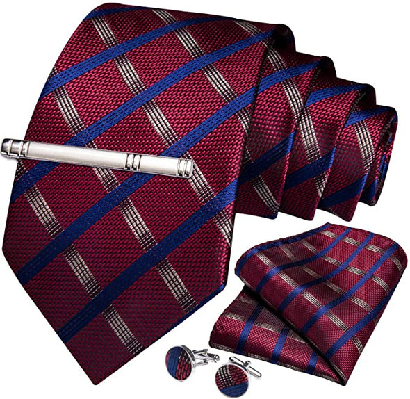 Plaid Tie Men's Silk Tie and Pocket Square Cufflinks Tie Clip Set Wedding Business
