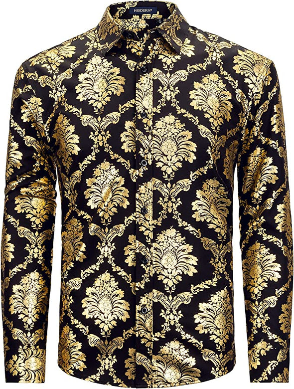 Mens Shiny Gold Rose Printed Dress Shirts Luxury Disco Nightclub Long Sleeve Button Down Wedding Prom Shirt