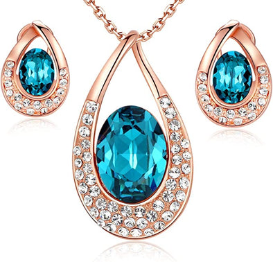 Angel's Teardrop" Made with Premium Crystals Blue Zircon Jewelry Set Earrings Necklace, 18" +2", Nickel/Lead/Allergy Free, Luxury Gift Box