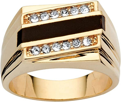 Palm Beach Jewelry Men's 14K Yellow Gold Plated Emerald Cut Natural Black Onyx and Round Crystal Ring