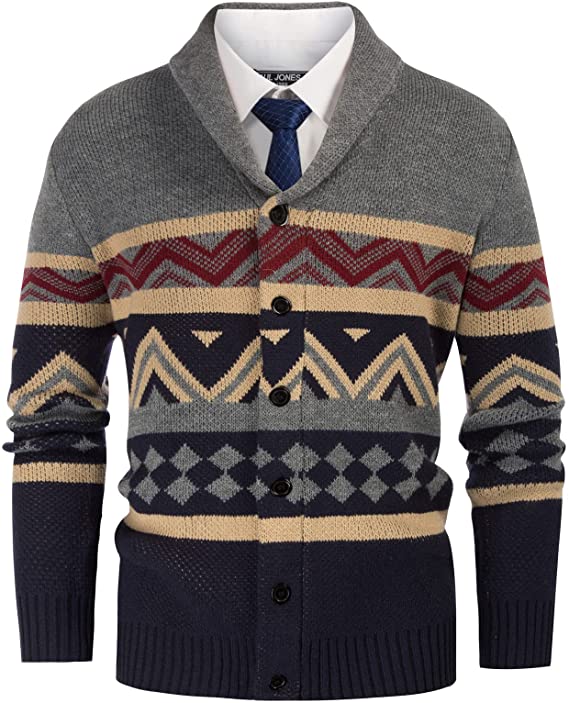 Men's Shawl Collar Cardigan Sweater Geometric Button Down Knitted Sweaters