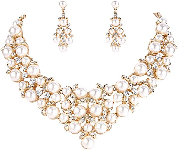 Women's Wedding Bridal Crystal Cream Simulated Pearl Cluster Statement Necklace Dangle Earrings Set