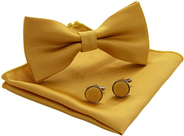 Solid Color Bow Tie and Pocket Square With Cufflinks Sets for Men
