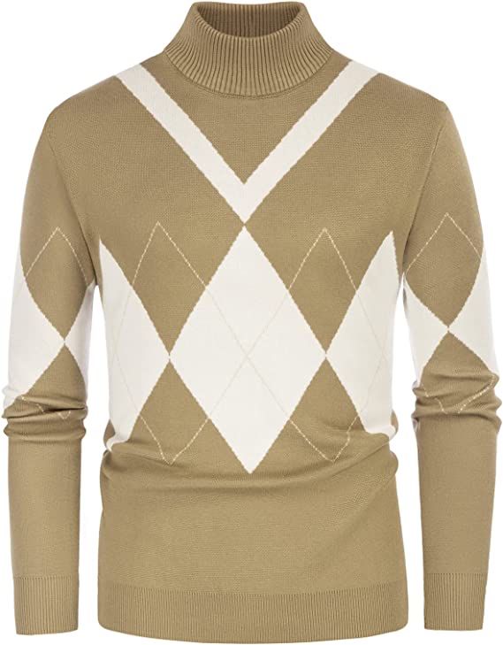 Men Pullover Sweater High Neck Ribbed Knitted Color Block Long Sleeve Sweaters