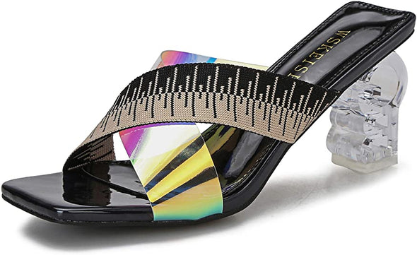 Women's Square Toe Heeled Sandals Color Clear Heels Mules PVC Slip on Open Toe Backless Dress Wedding Lucite Chunky Block Heels Slippers Slides