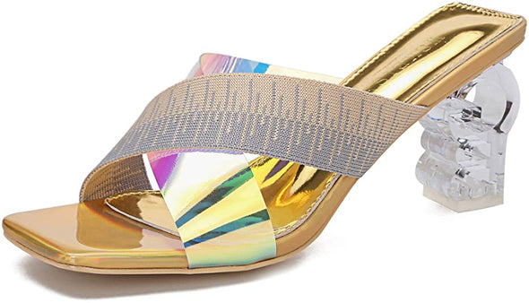 Women's Square Toe Heeled Sandals Color Clear Heels Mules PVC Slip on Open Toe Backless Dress Wedding Lucite Chunky Block Heels Slippers Slides