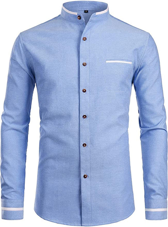Mens Hipster Mandarin Collar Slim Fit Long Sleeve Casual Button Down Oxford Dress Shirt with Pocket
