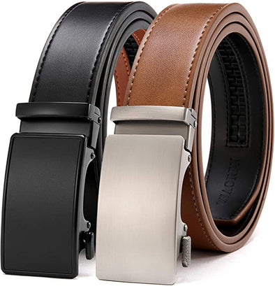 Forever Leather Ratchet Belt 2 Pack Dress with Click Sliding Buckle 1 3/8" in Gift Set Box - Adjustable Trim to Fit