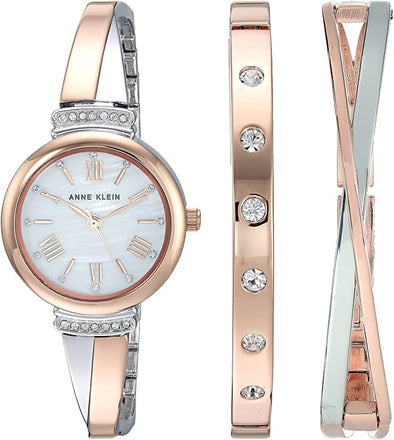Anne Klein Women's AK/2245RTST Premium Crystal Accented Rose Gold-Tone and Silver-Tone Bangle Watch and Bracelet Set