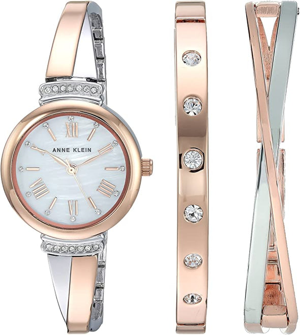 Anne Klein Women's AK/2245RTST Premium Crystal Accented Rose Gold-Tone and Silver-Tone Bangle Watch and Bracelet Set