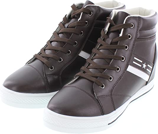 Men's Invisible Height Increasing Elevator Shoes - Dark Brown Leather Cap-Toe Lace-up High-top Sneakers - 3 Inches Taller
