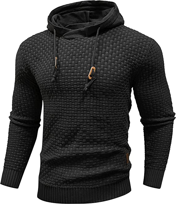 Mens Hooded Sweatshirt Long Sleeve Solid Knitted Hoodie Pullover Sweater