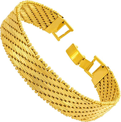 Jewelry 13mm Vintage Flat Basket Weave Bracelet 24k Real Gold Plated for Women and Men