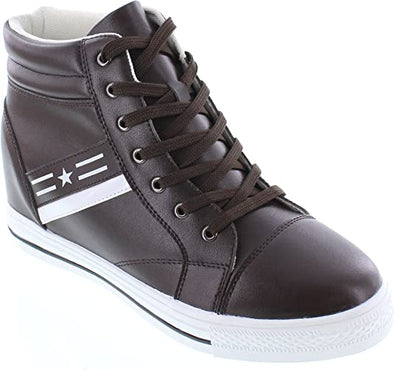 Men's Invisible Height Increasing Elevator Shoes - Dark Brown Leather Cap-Toe Lace-up High-top Sneakers - 3 Inches Taller