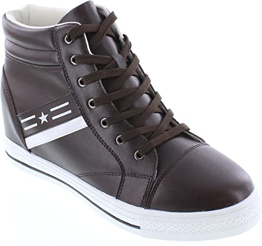 Men's Invisible Height Increasing Elevator Shoes - Dark Brown Leather Cap-Toe Lace-up High-top Sneakers - 3 Inches Taller