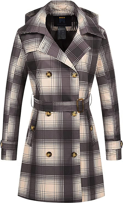 Women's Trench Coat Double-Breasted Classic Lapel Overcoat Belted Slim Outerwear Coat with Detachable Hood