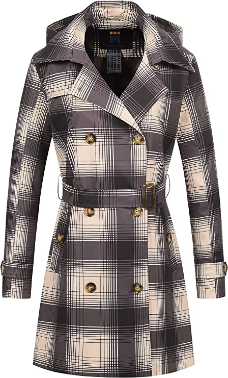 Women's Trench Coat Double-Breasted Classic Lapel Overcoat Belted Slim Outerwear Coat with Detachable Hood